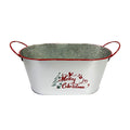 Silver-gray galvanized holiday planter with red rim and handles