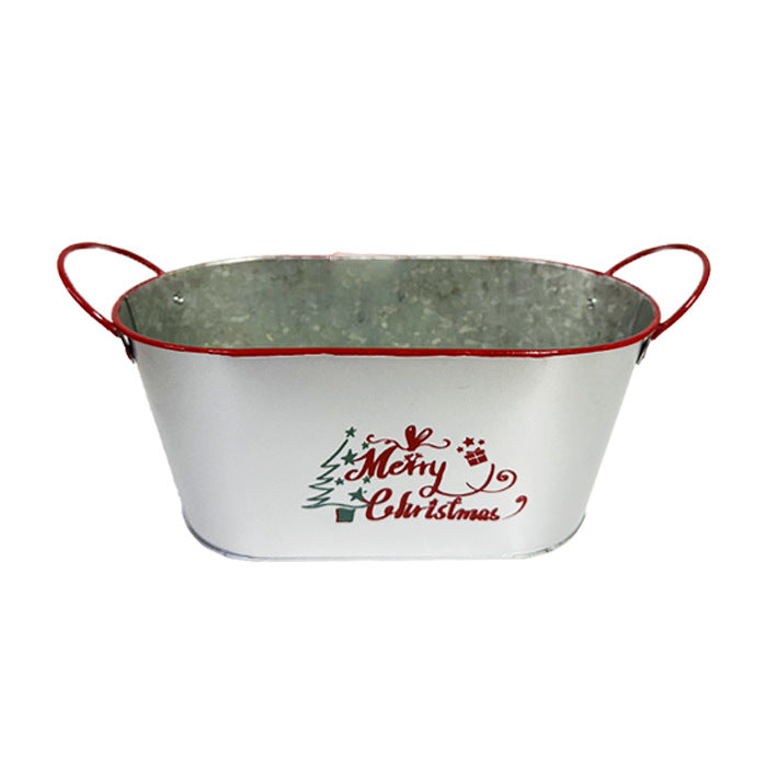 Silver-gray galvanized holiday planter with red rim and handles