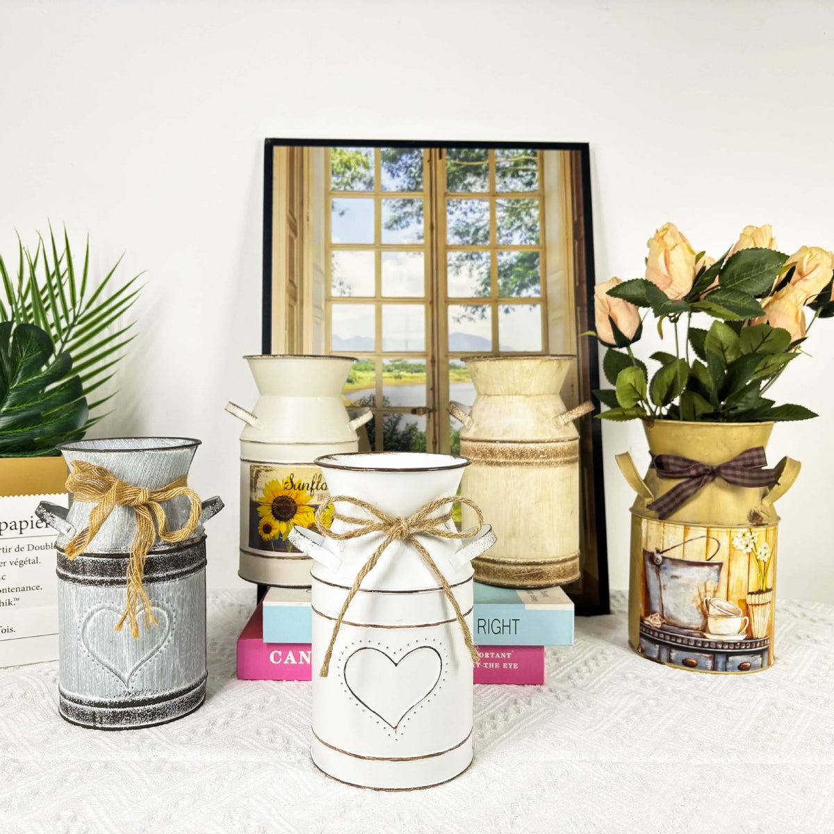 Distressed metal milk jug vase with jute rope wrap