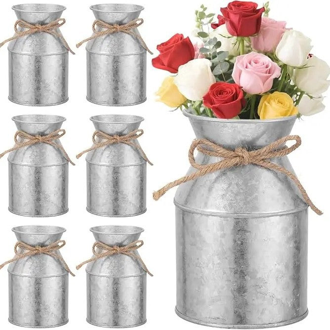 Natural galvanized mini flower pot with jute rope accent