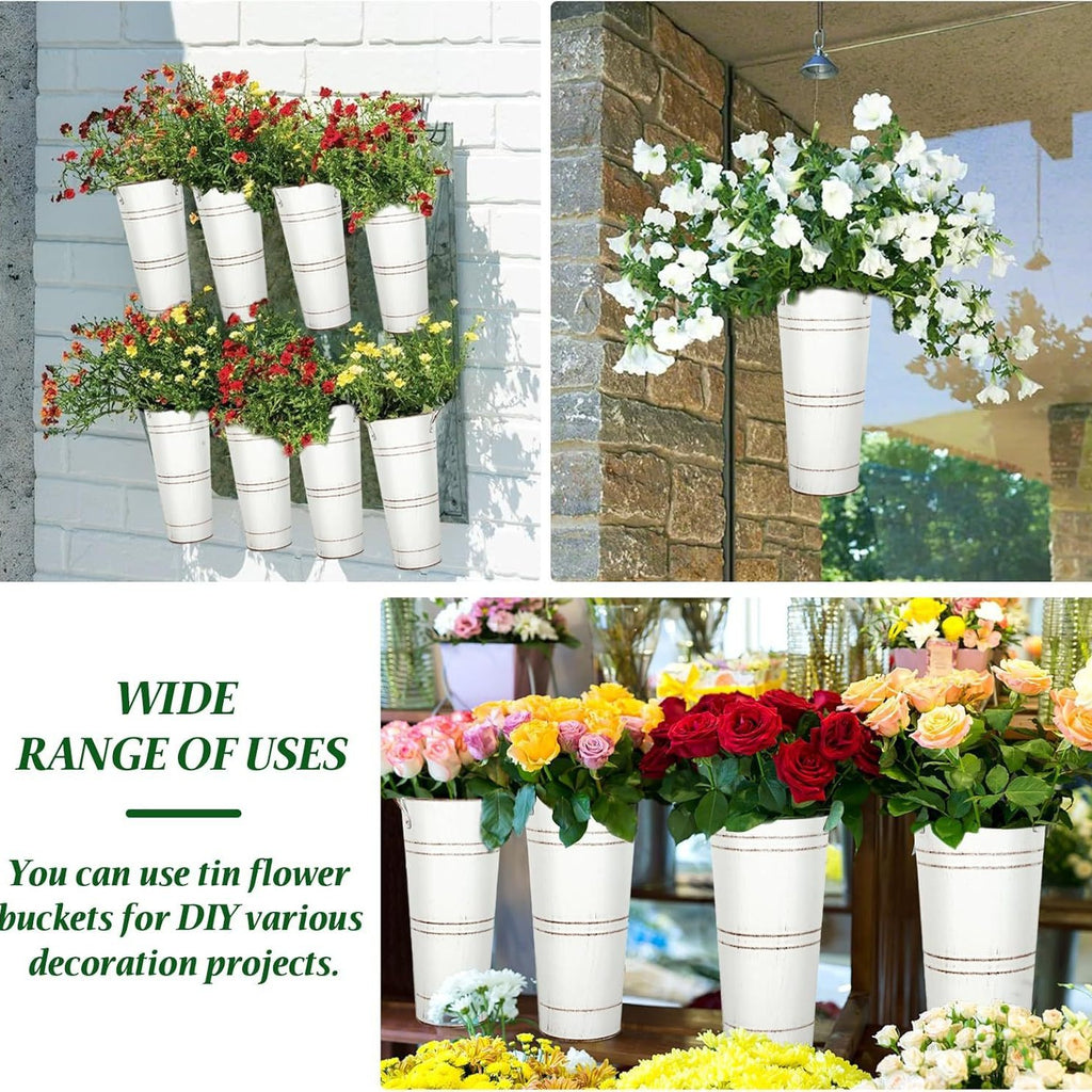 Ivory distressed galvanized flower bucket with vertical stripes