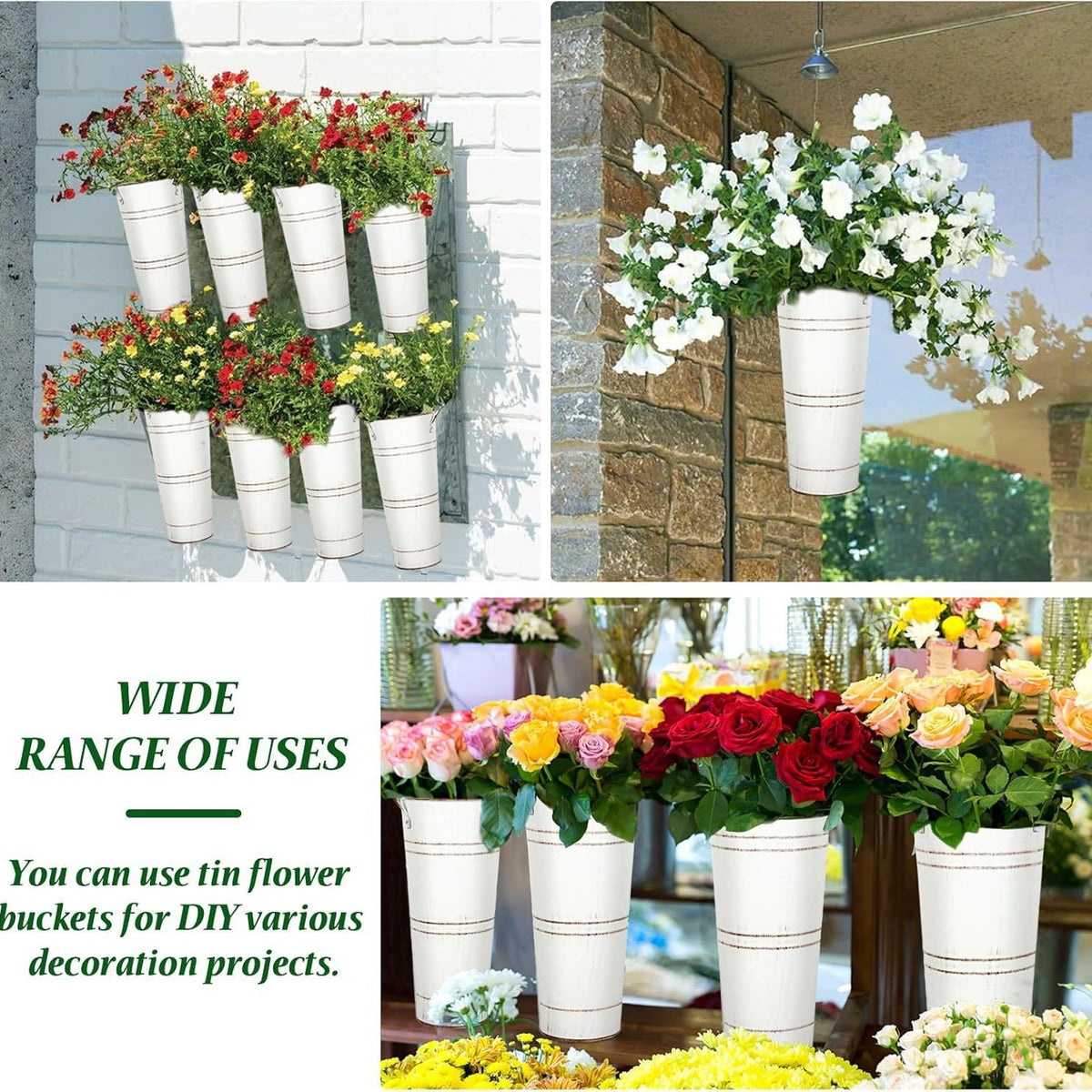 Ivory distressed galvanized flower bucket with vertical stripes