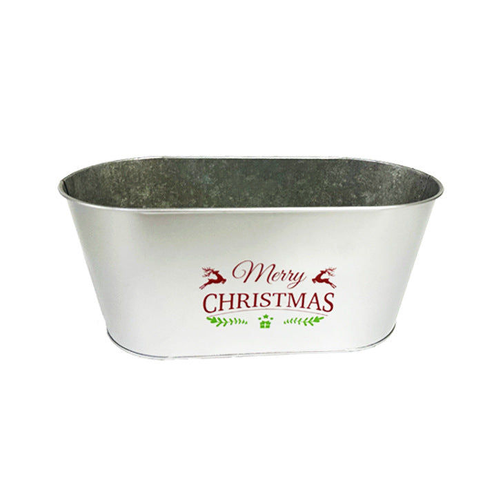 Silver-gray galvanized holiday planter with red rim and handles
