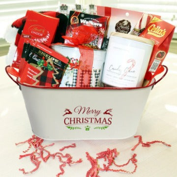 Silver-gray galvanized holiday planter with red rim and handles