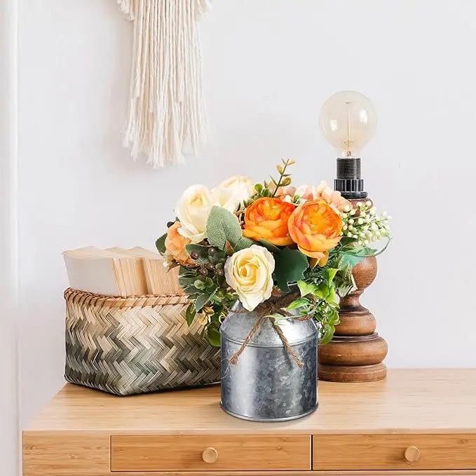 Natural galvanized mini flower pot with jute rope accent