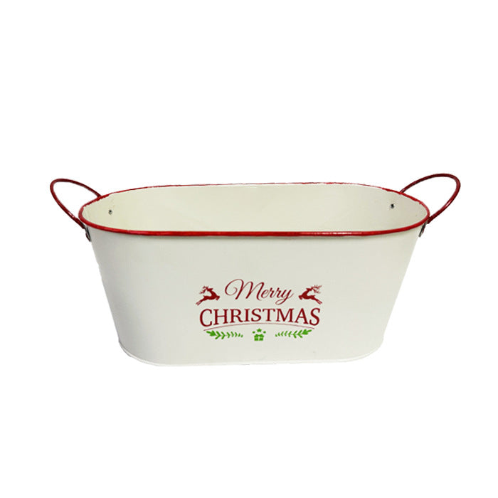 Silver-gray galvanized holiday planter with red rim and handles