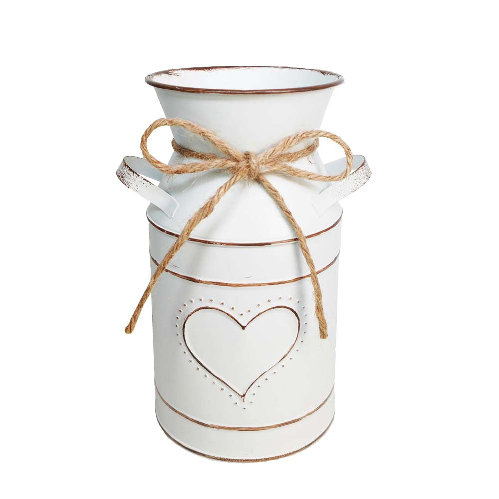 Distressed metal milk jug vase with jute rope wrap