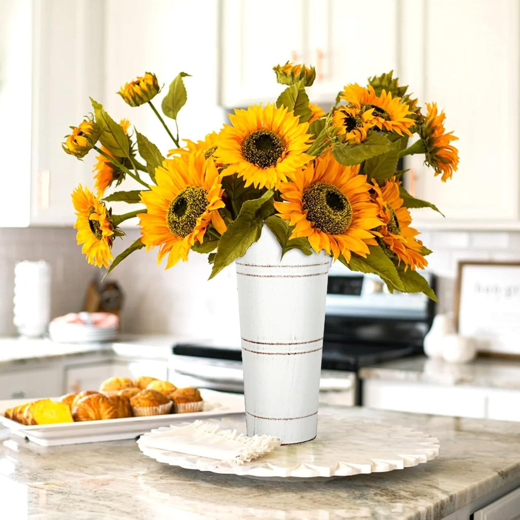 Ivory distressed galvanized flower bucket with vertical stripes