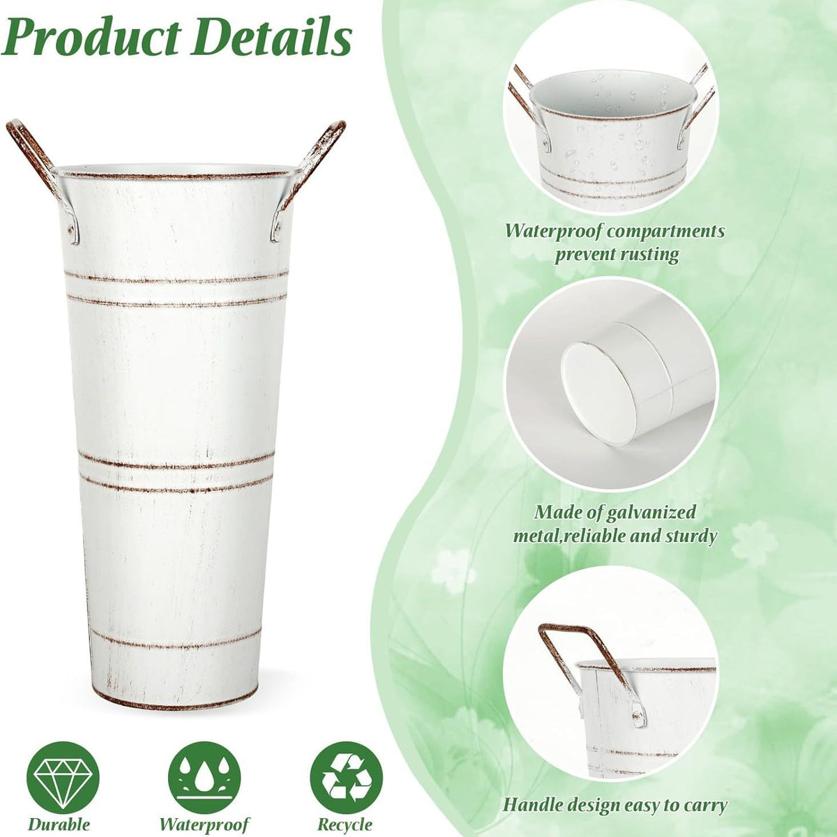 Ivory distressed galvanized flower bucket with vertical stripes