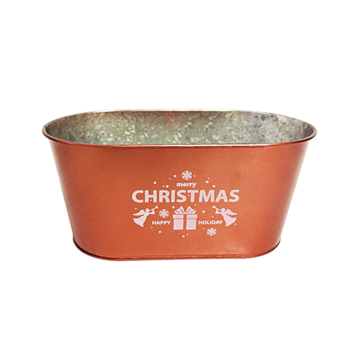 Silver-gray galvanized holiday planter with red rim and handles