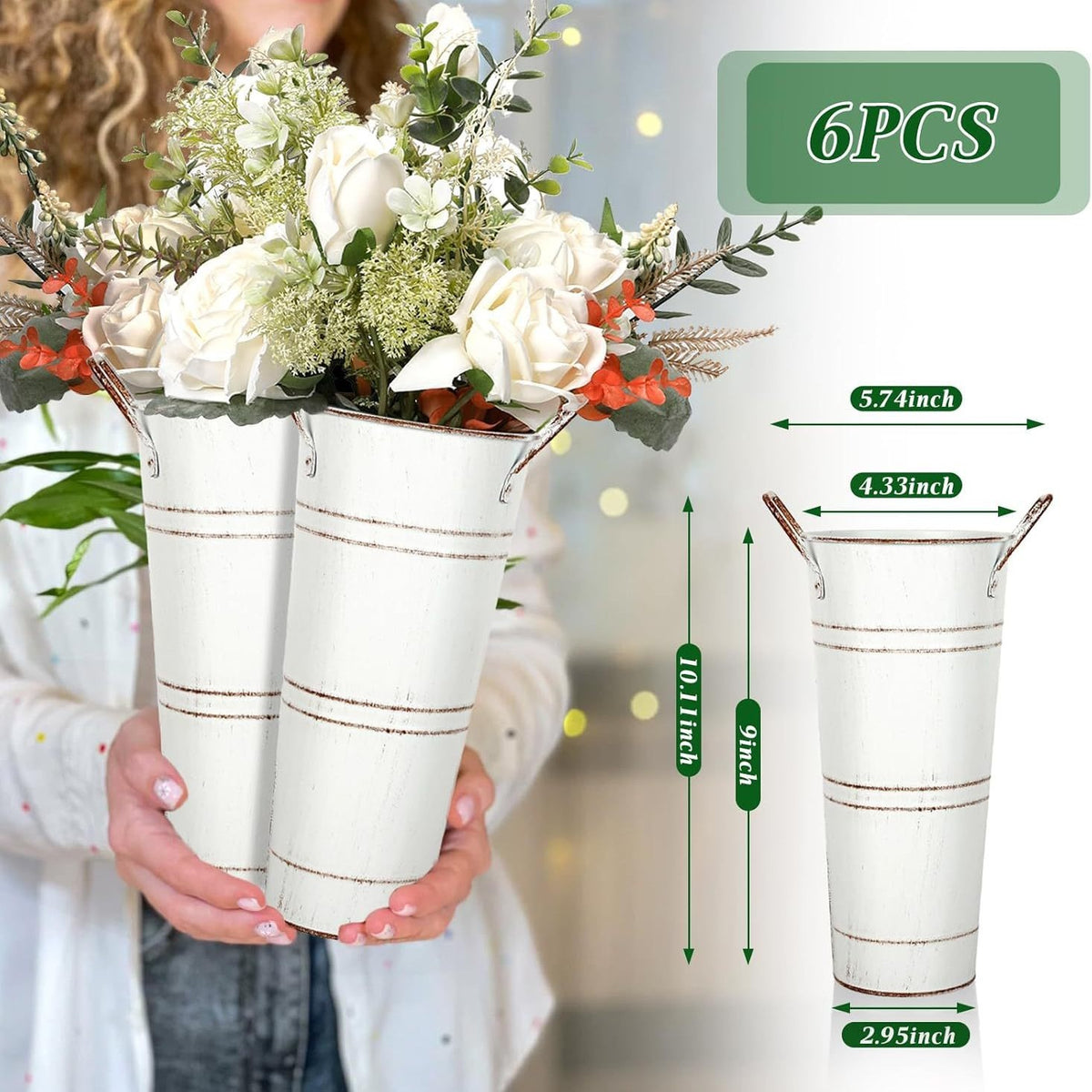 Ivory distressed galvanized flower bucket with vertical stripes