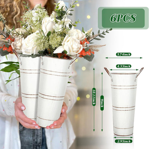 Ivory distressed galvanized flower bucket with vertical stripes